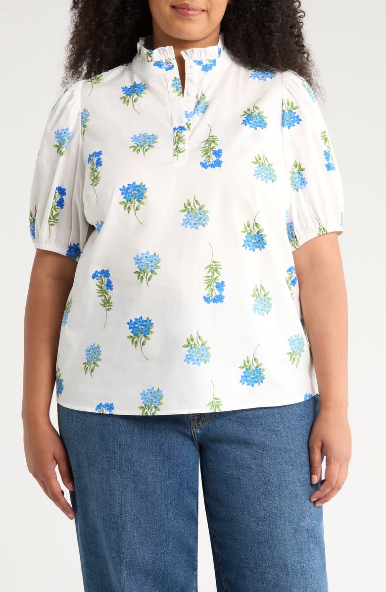 SUGARLIPS Jillian Floral Print Ruffle Top, Main, color, White/ Blue/ Green