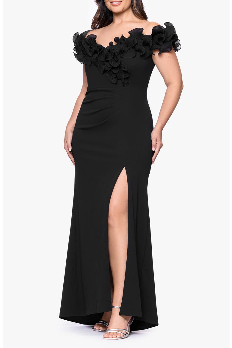 Ruffle Scuba Knit Sheath Gown, Alternate, color, BLACK