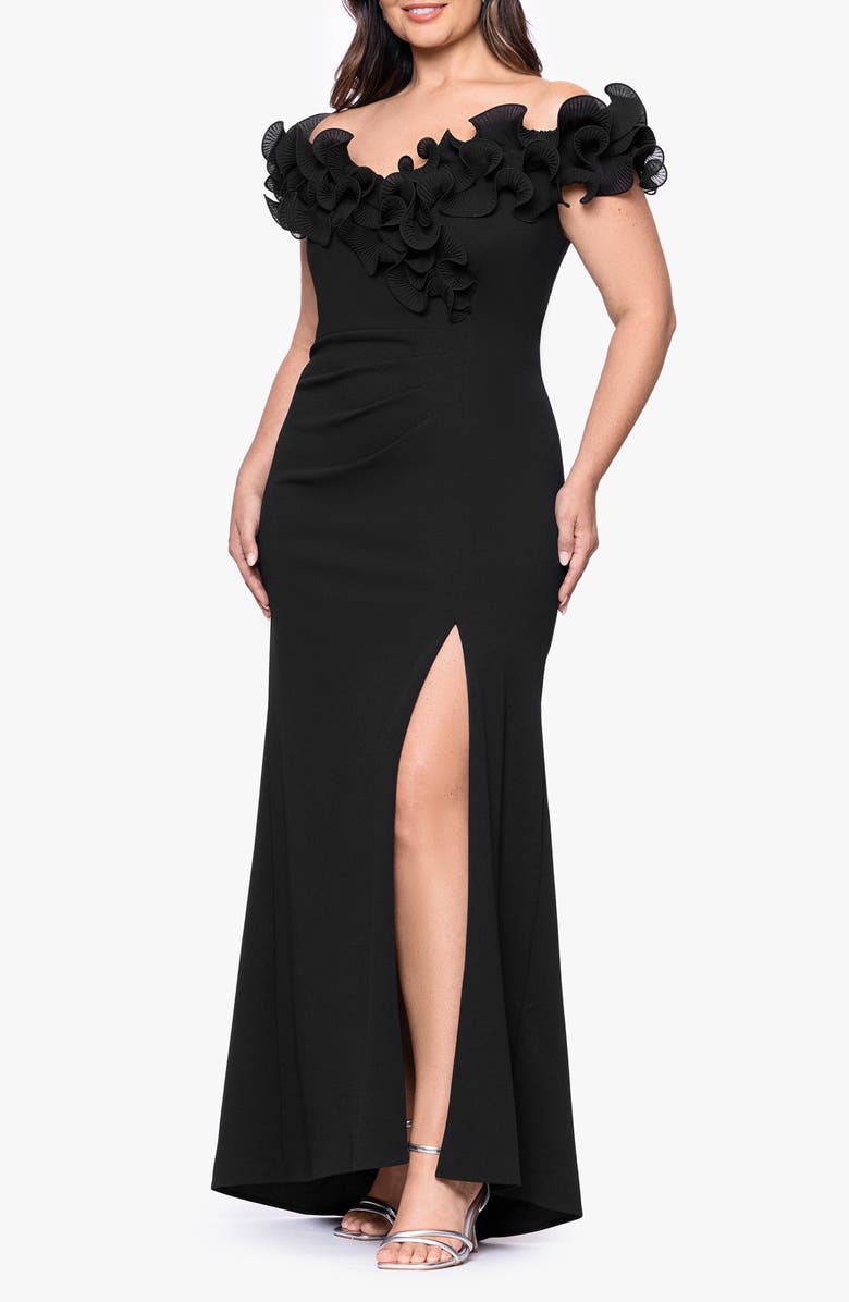 Xscape Evenings Ruffle Scuba Knit Sheath Gown, Alternate, color, Black