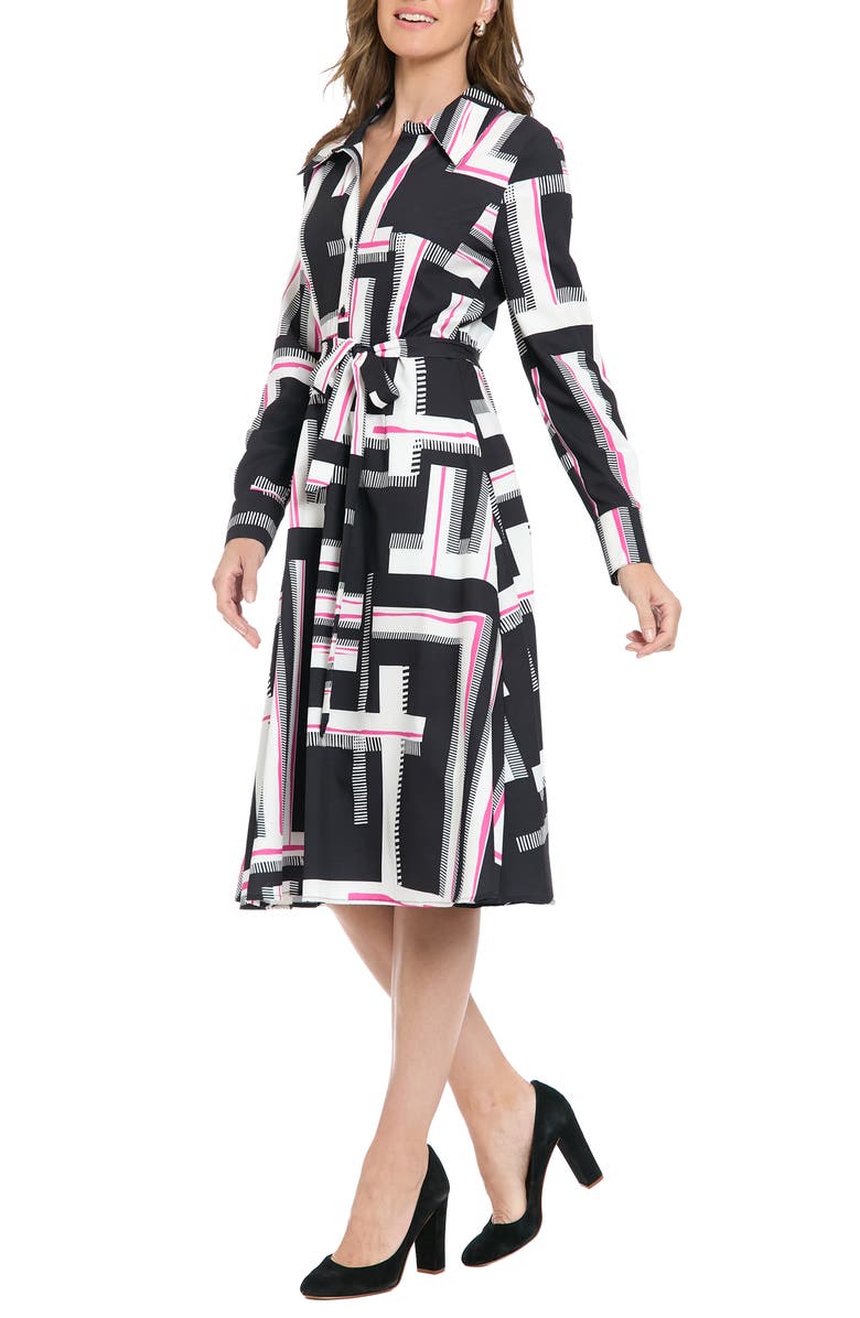 London Times Long Sleeve Shirtdress, Alternate, color, Black/ Pink