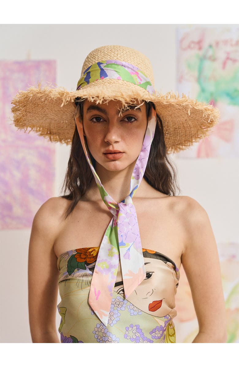 Lost Pattern FRIDA x LOST PATTERN "Frida's Garden" Straw Hat with Ribbon Tie, Alternate, color, Pink