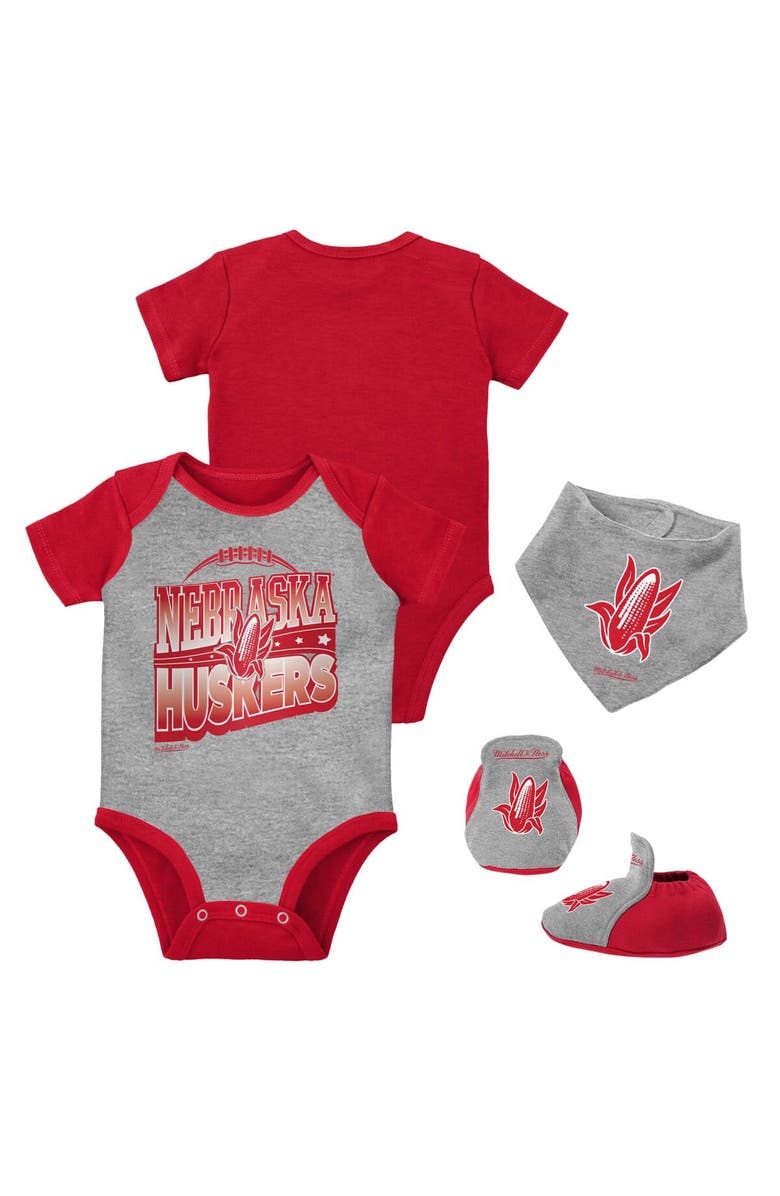 Mitchell & Ness Infant Mitchell & Ness Scarlet/Heather Gray Nebraska Huskers 3-Pack Bodysuit, Bib and Bootie Set, Main, color, Scarlet