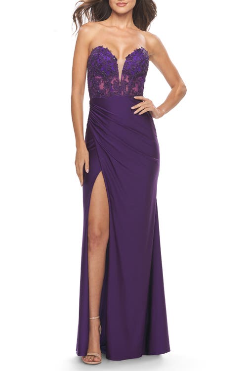 La Femme Long Dress With Jersey Skirt And Lace Illusion Bodice In Royal Purple