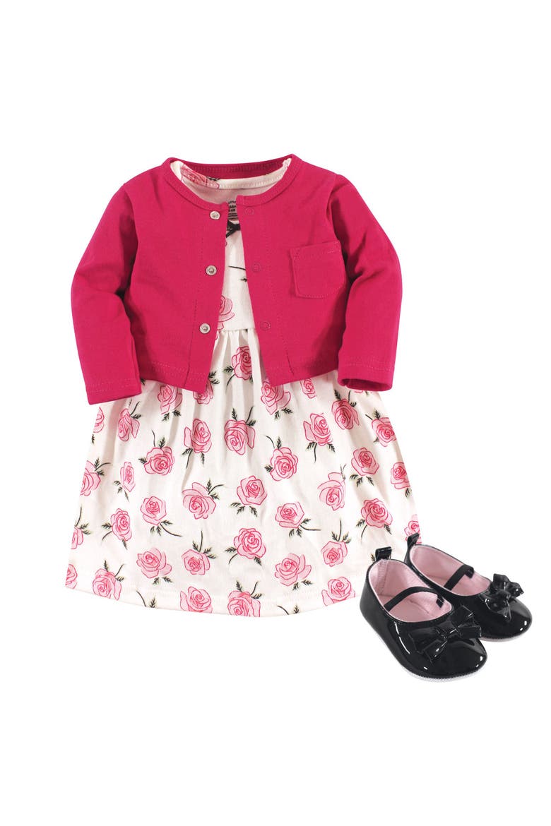 Cotton Dress, Cardigan & Shoe Set, Main, color, Rose