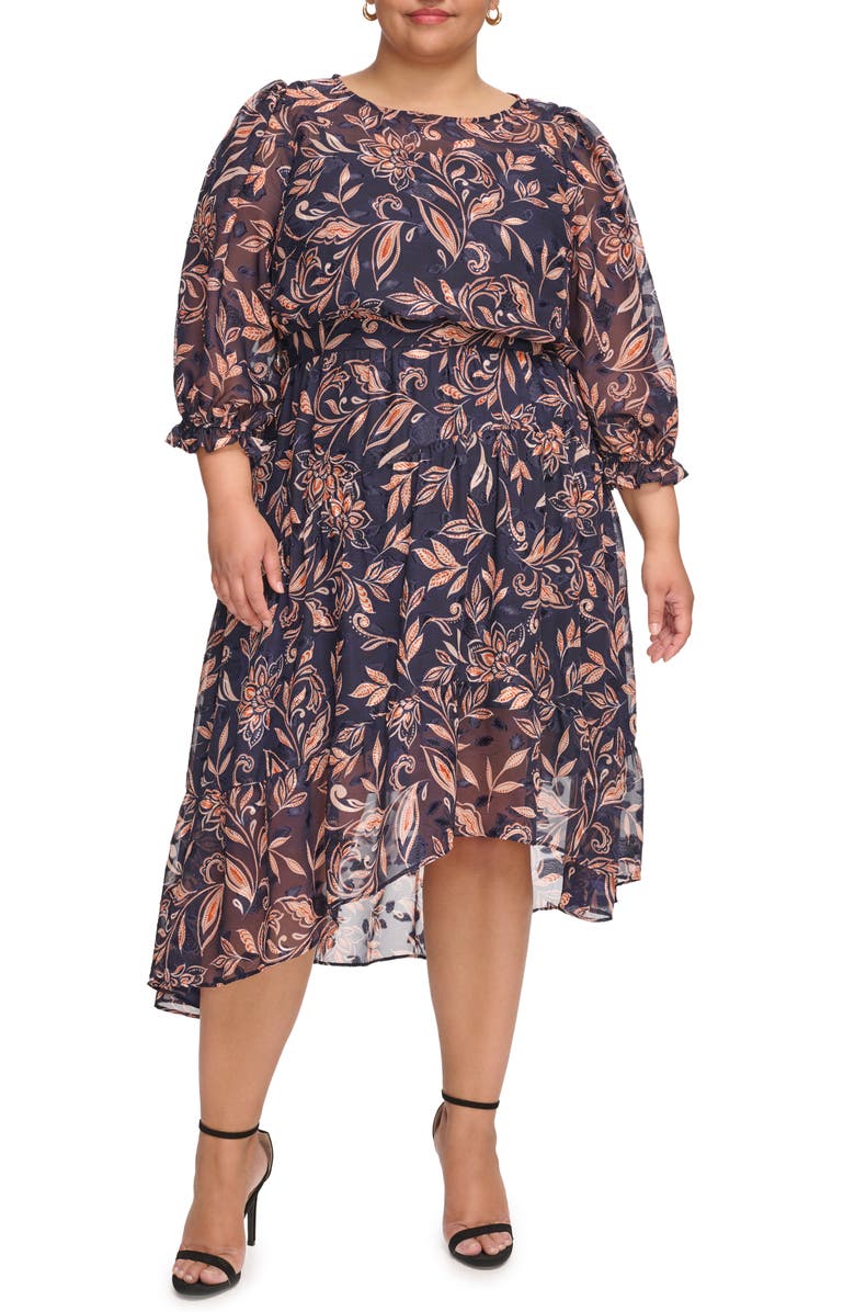 Eliza J High-Low Midi Dress, Main, color, Navy