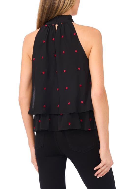 Cece Heart Embroidered Sleeveless Tie Neck Tiered Top In Black