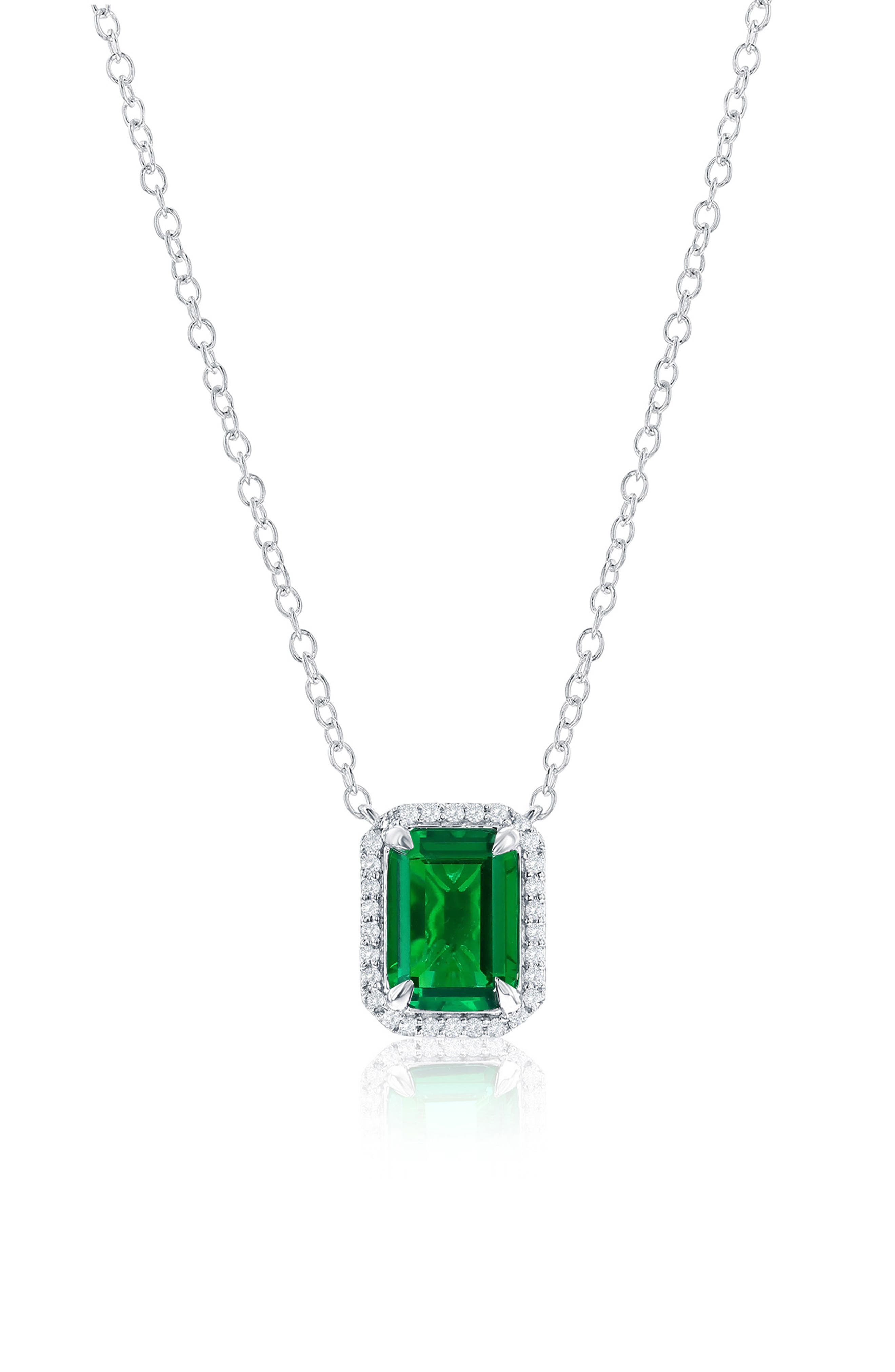 Lab Grown Emerald & Diamond Sterling Silver Halo Pendant Necklace