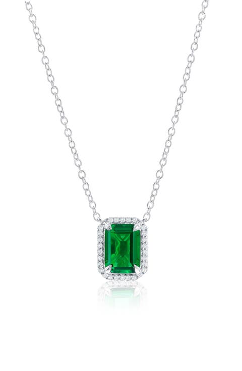 Lab Grown Emerald & Diamond Sterling Silver Halo Pendant Necklace