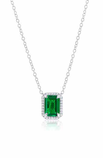Lab Grown Emerald & Diamond Sterling Silver Halo Pendant Necklace