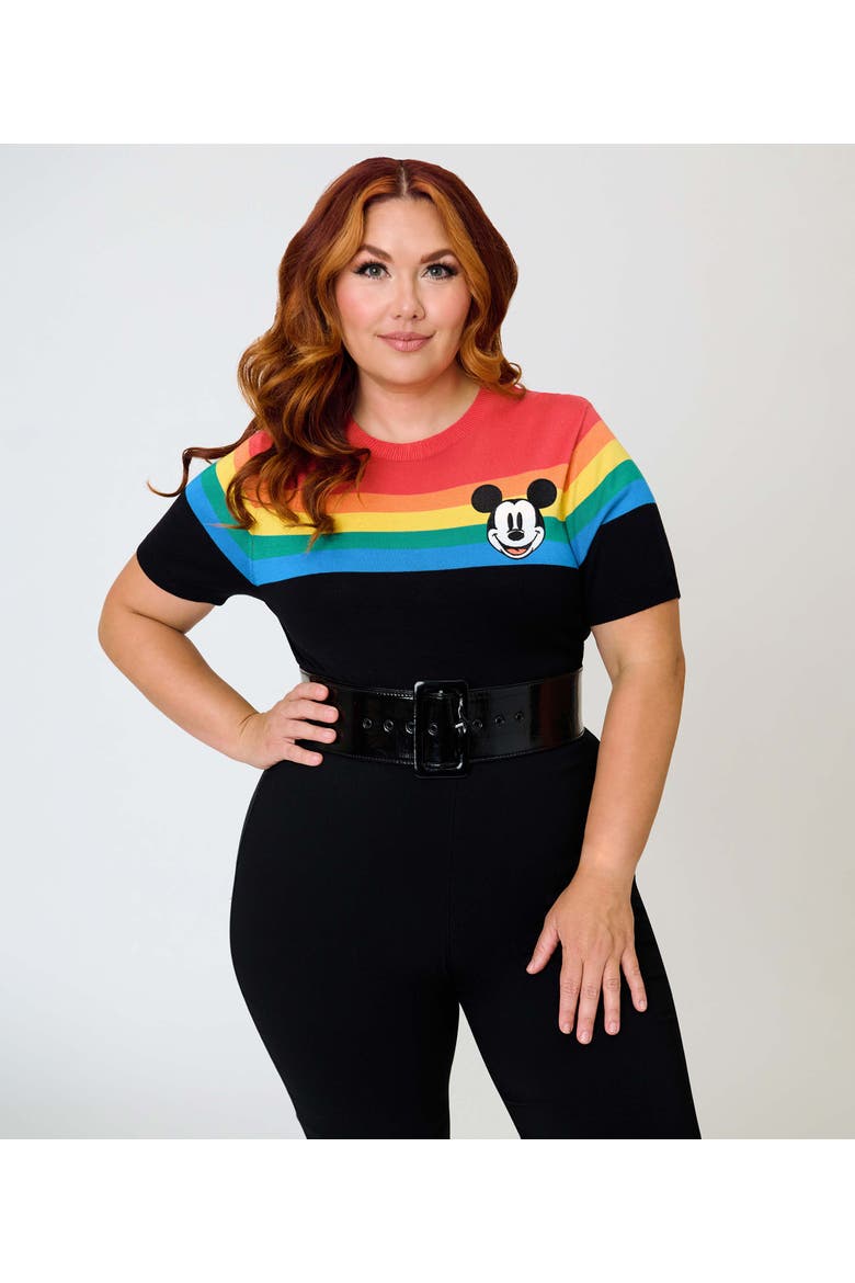 Plus Size Patterned Short Sleeve Sweater, Alternate, color, Black Rainbow Mickey
