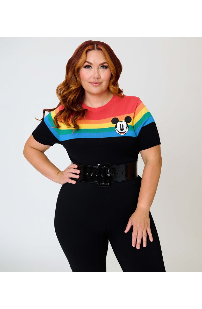 Unique Vintage Plus Size Patterned Short Sleeve Sweater, Alternate, color, Black Rainbow Mickey