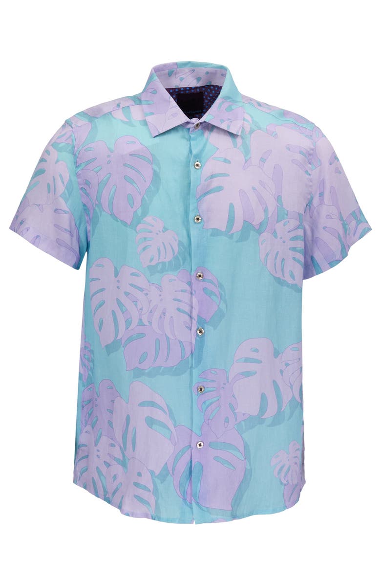 Lords of Harlech Monstera Floral Mens Linen Button-up Shirt, Alternate, color, Monstera Floral Teal