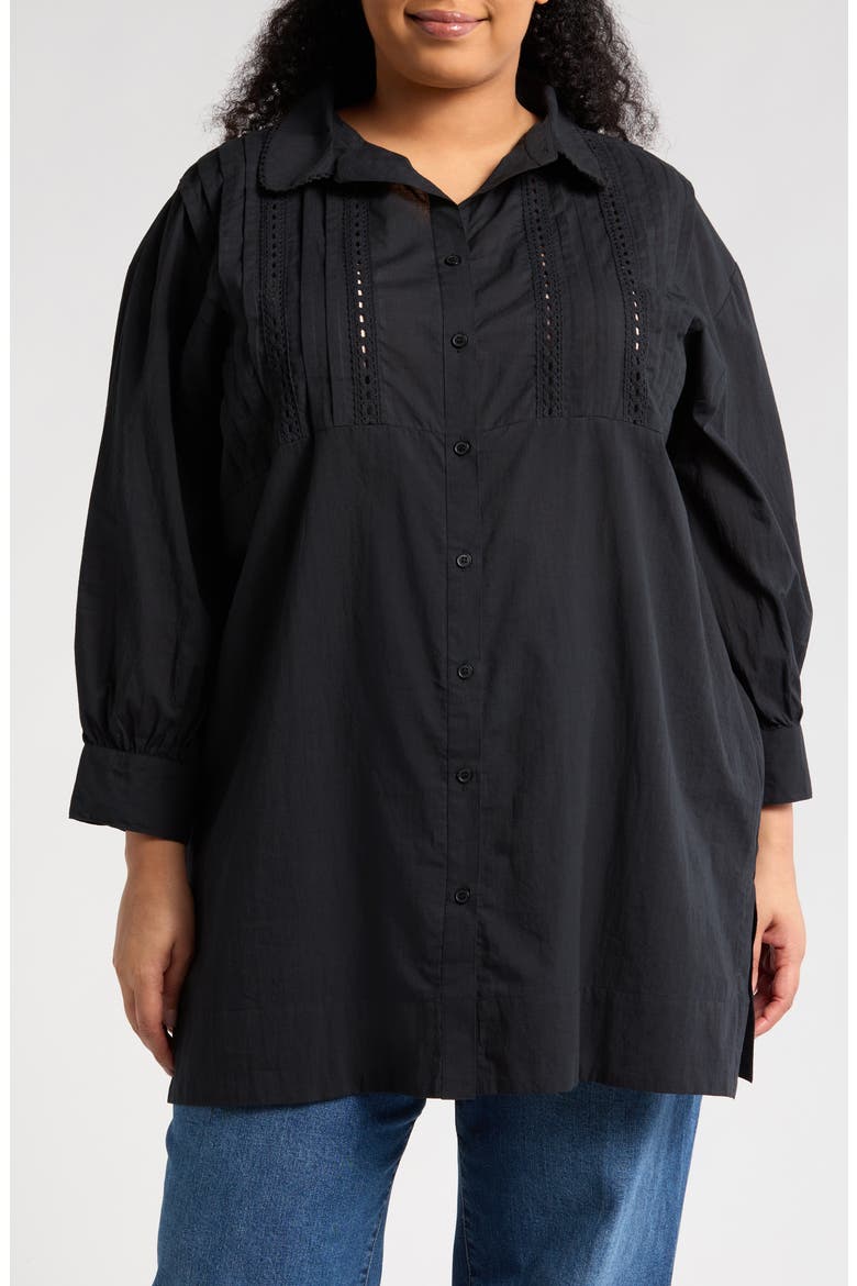 Lace Inset Button-Up Shirt, Main, color, BLACK