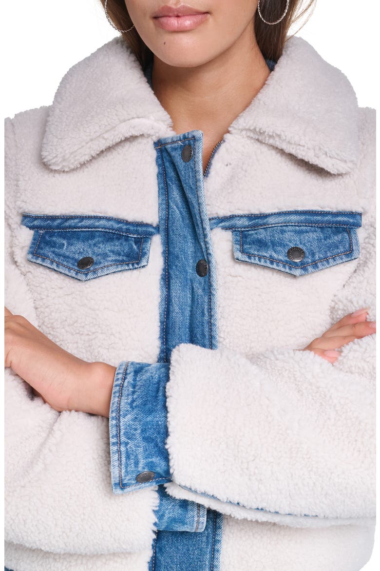 Faux Shearling Trucker Jacket, Alternate, color, IVORY/ MED WASH DENIM