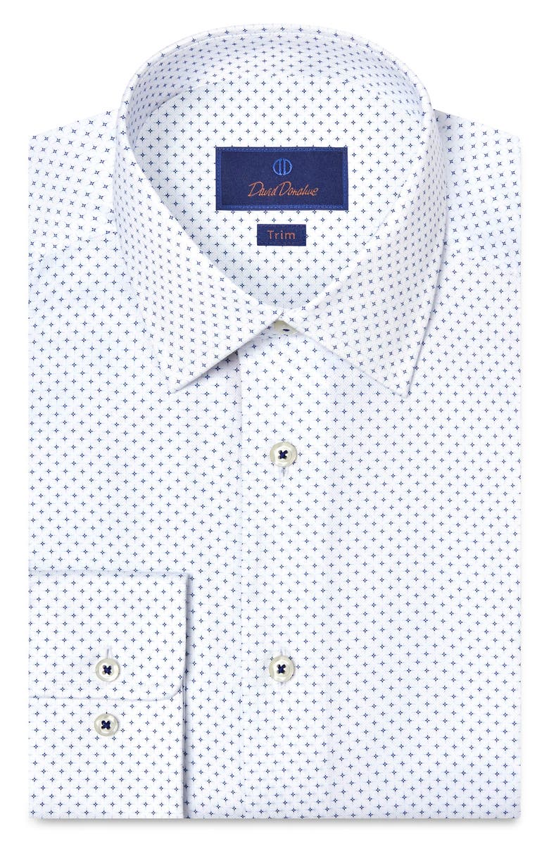 David Donahue Trim Fit Neat Print Cotton Dress Shirt, Main, color, White/ Navy