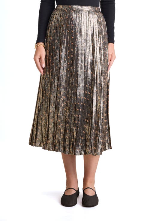 Metallic Pleated Midi Skirt