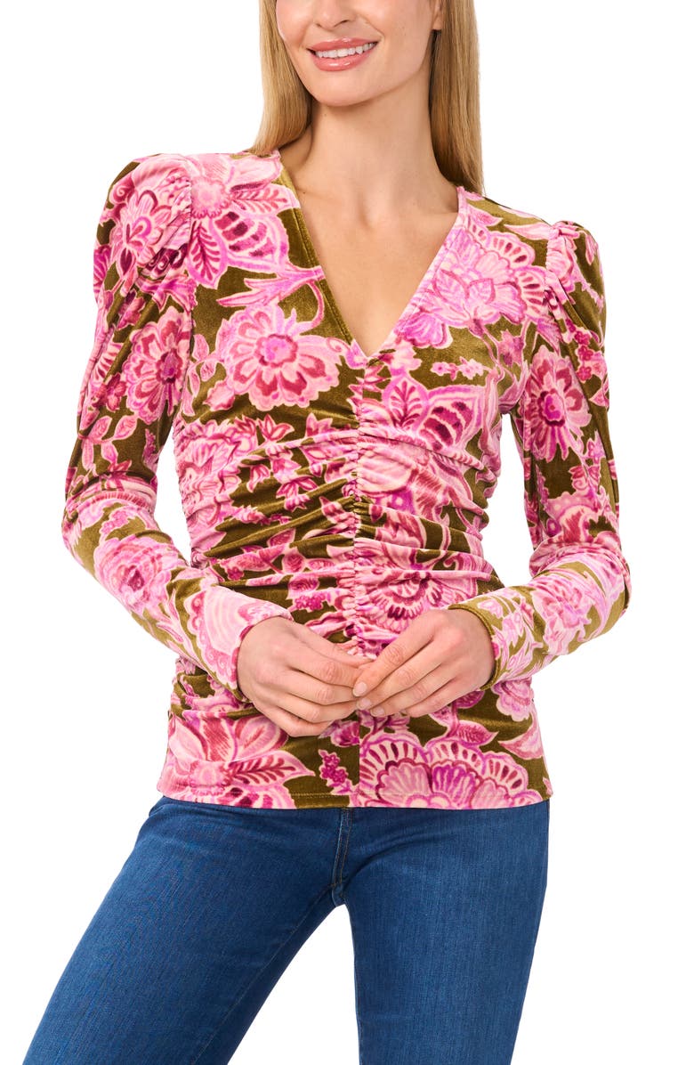 CeCe Floral Ruched Puff Sleeve Stretch Velvet Top, Main, color, 