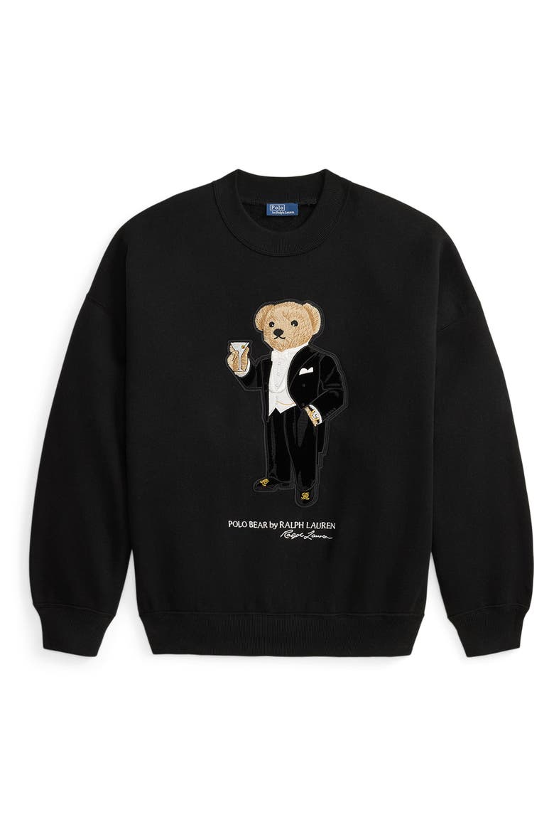 Martini Polo Bear Patch Fleece Crewneck Sweatshirt, Alternate, color, BLACK