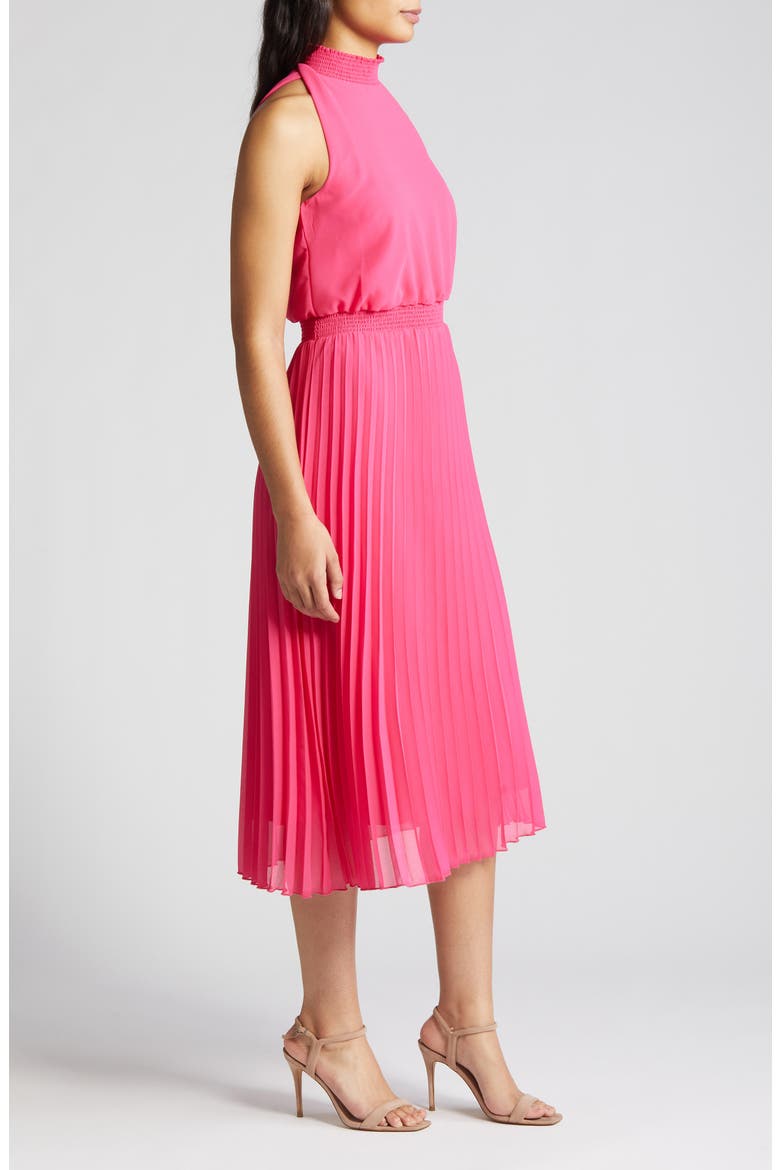 Smocked Plissé Midi Dress, Alternate, color, HOT PINK