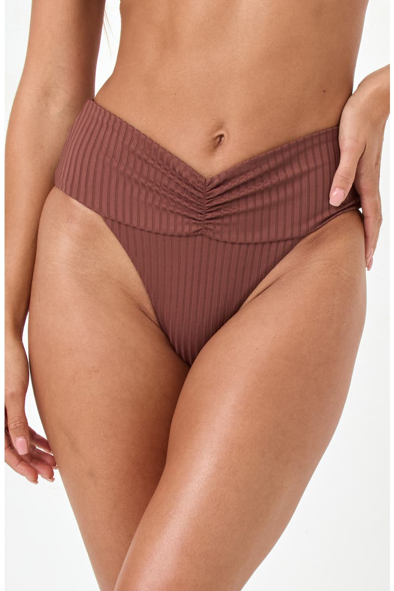 Bardot Ruched Rib Bikini Bottoms, Main, color, CAFE