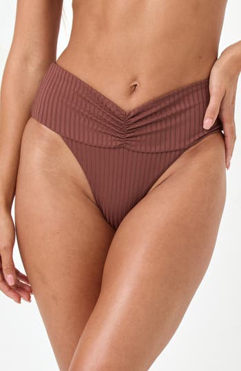 L*space Lspace Bardot Ruched Rib Bikini Bottoms In Cafe