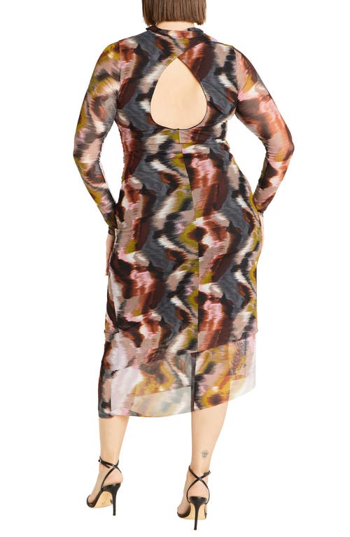City Chic Zariyah Print Long Sleeve Body-con Midi Dress In Multi