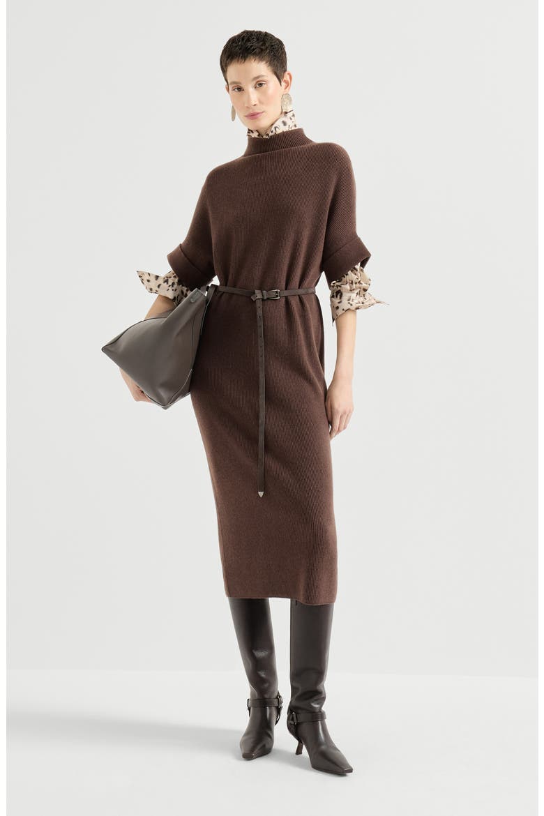 Cashmere rib knit mock neck dress, Alternate, color, Brown
