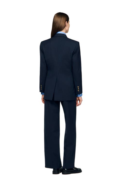 Sandro Womens Navy Blue Pinstripe Long-sleeve Wool-blend Blazer In Blue