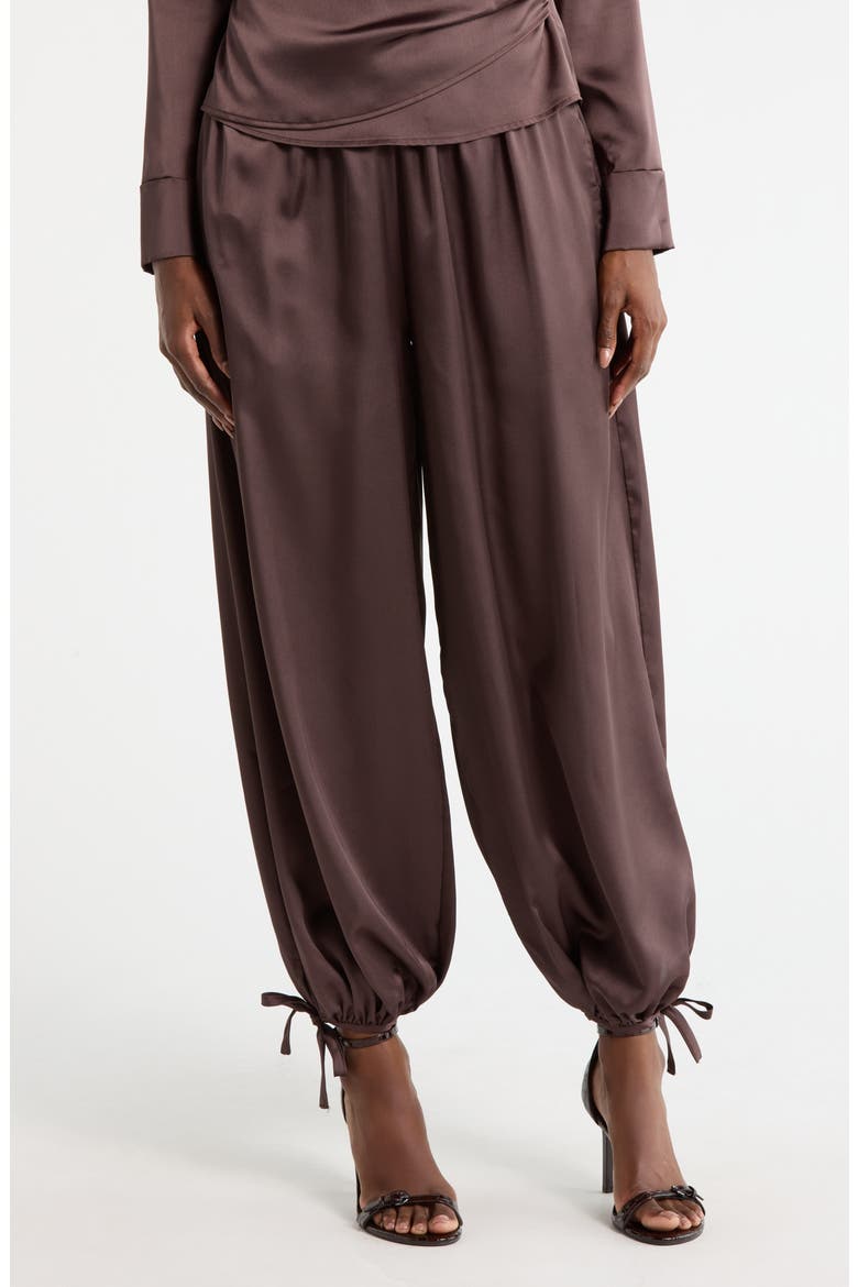 Tie Hem Satin Pants, Main, color, BROWN