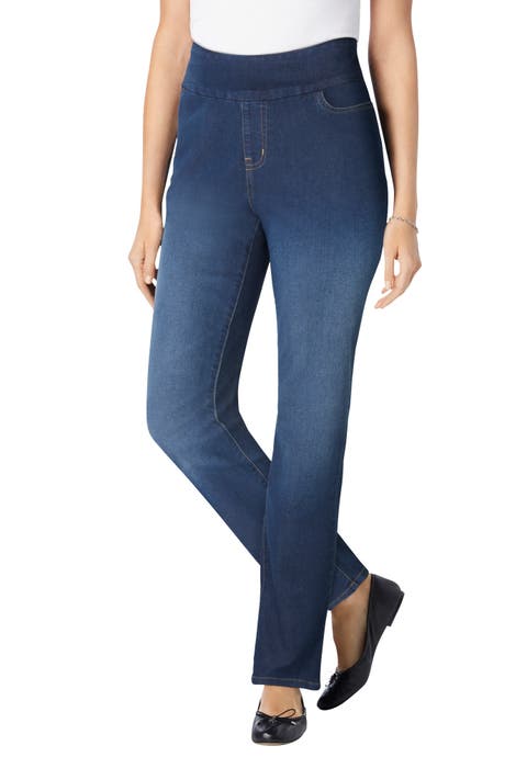 Smooth Waist Pull On Flex Fit Straight Leg Stretch Denim Jeans (plus)