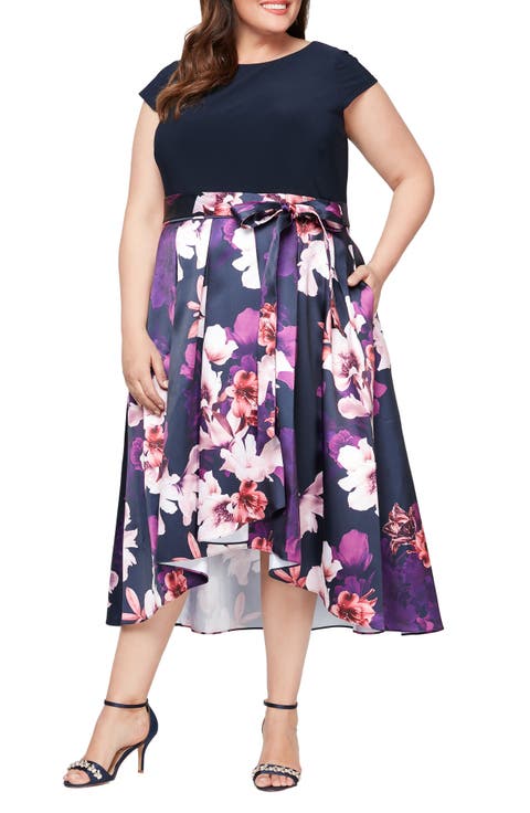 Floral Tie Belt High-Low Cocktail Dress