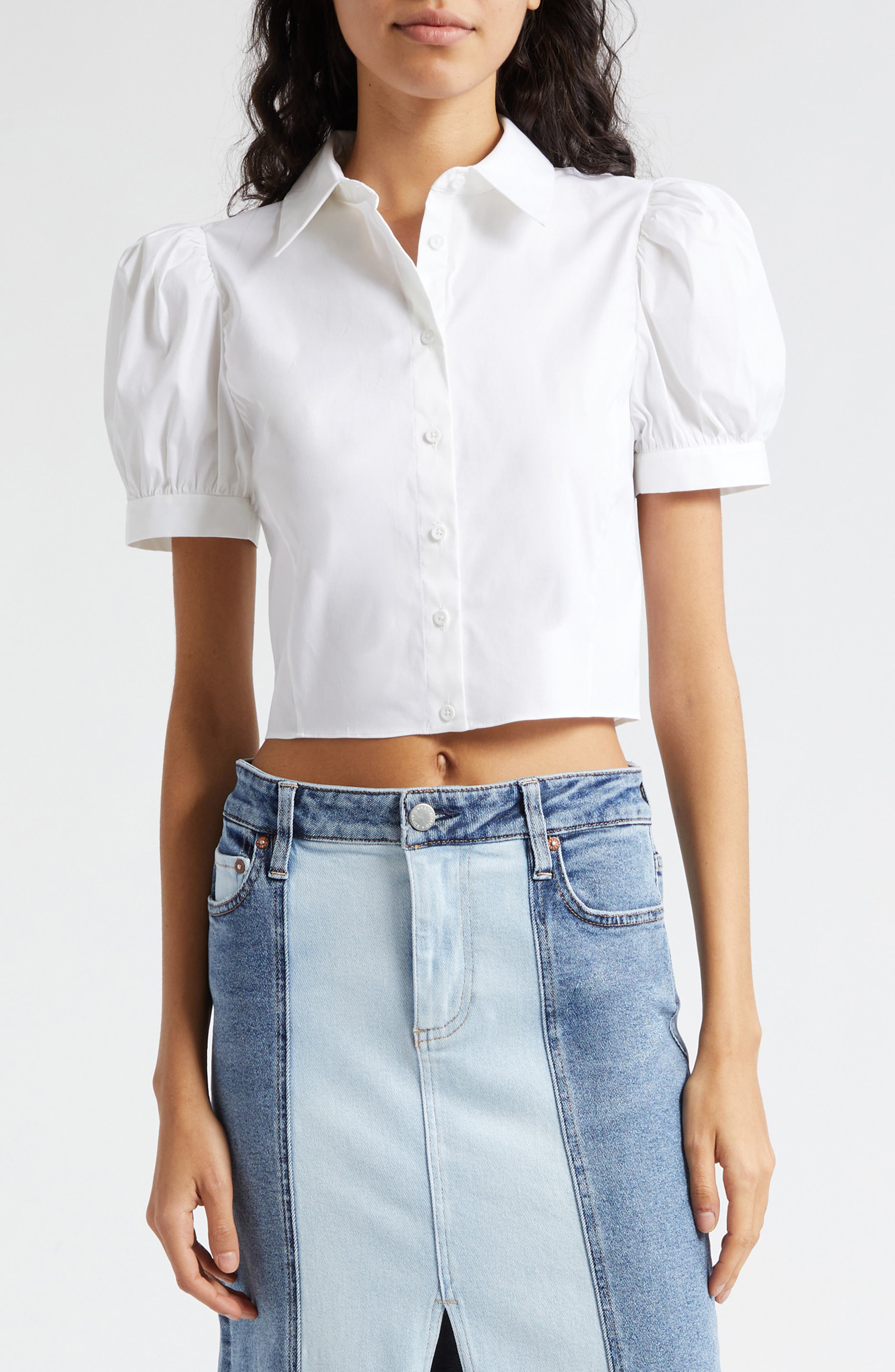 Alice + Olivia Willa Puff Sleeve Crop Cotton Blend Button-Up Shirt