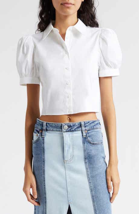 Alice + Olivia Willa Puff Sleeve Crop Cotton Blend Button-Up Shirt