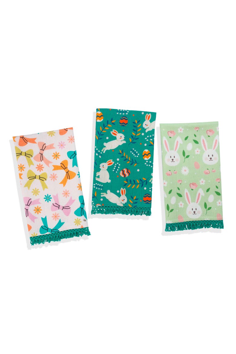 Hoppy Spring Bunny Set of 3 Cotton Kitchen Towels, Main, color, GREEN