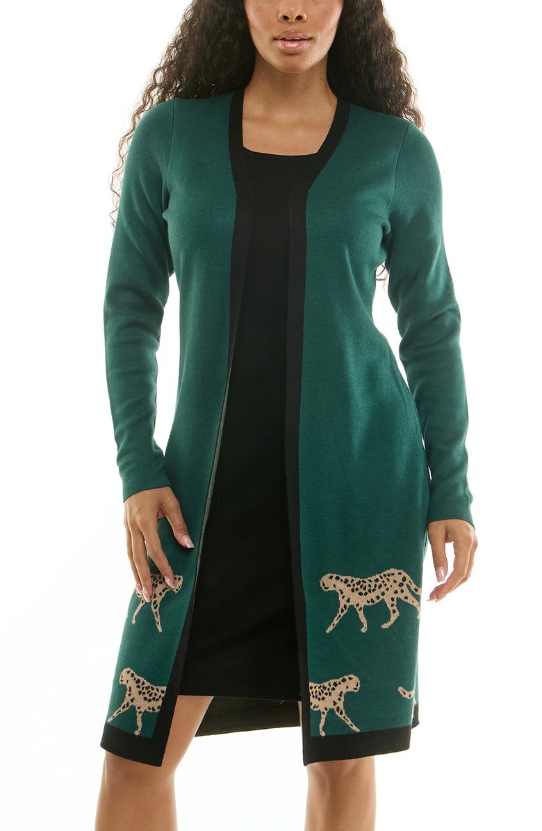 Nina Leonard Long Sleeve Twofer Dress, Alternate, color, Deep Green/ Black Multi