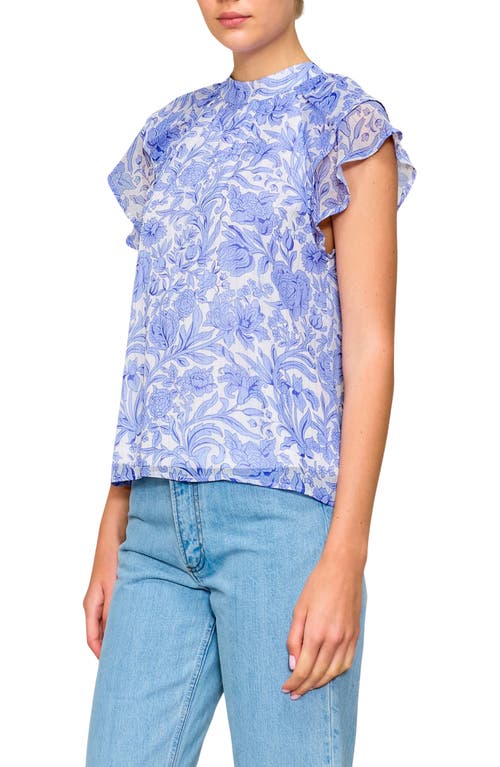 Melloday Flutter Sleeve Chiffon Top In Ivory/blue Toile