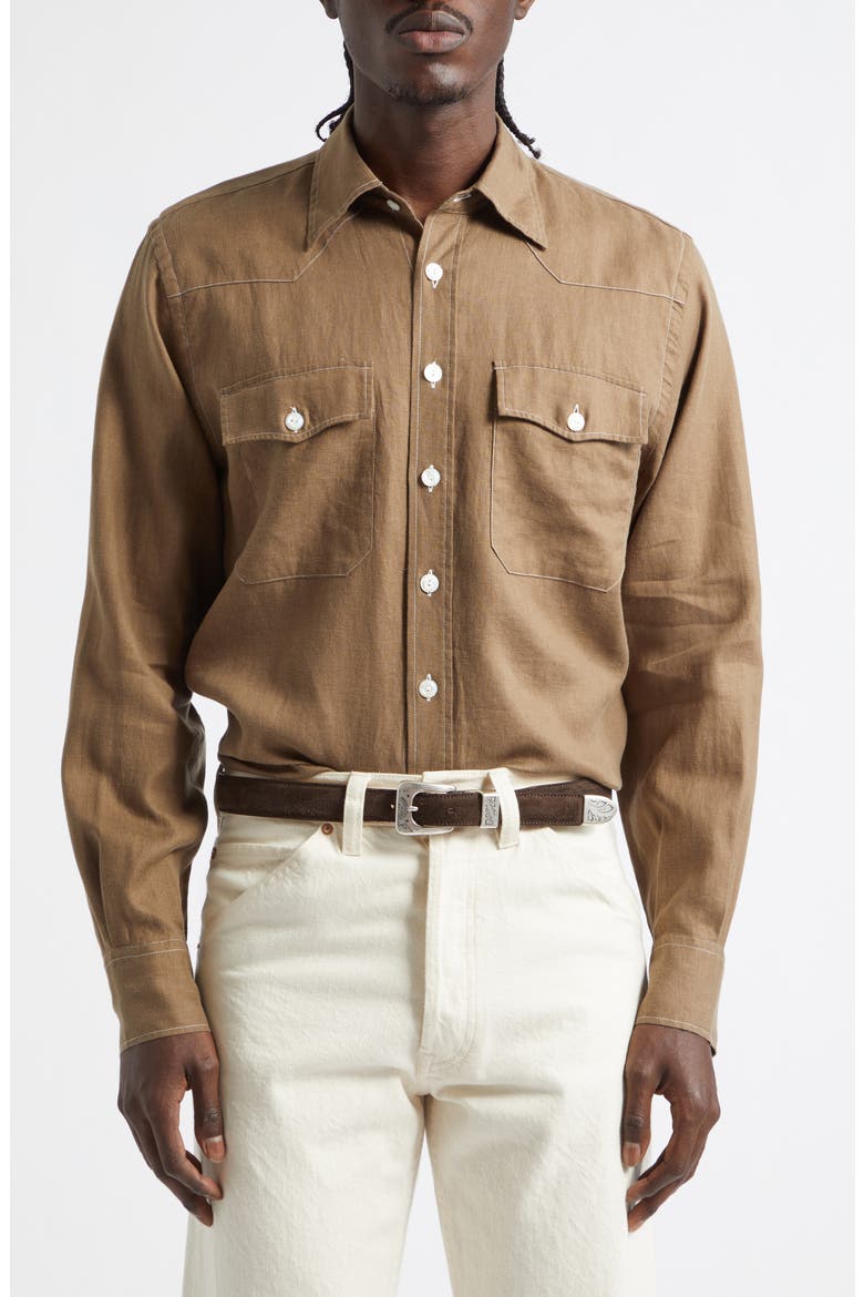 Western Linen Button-Up Shirt, Main, color, BROWN