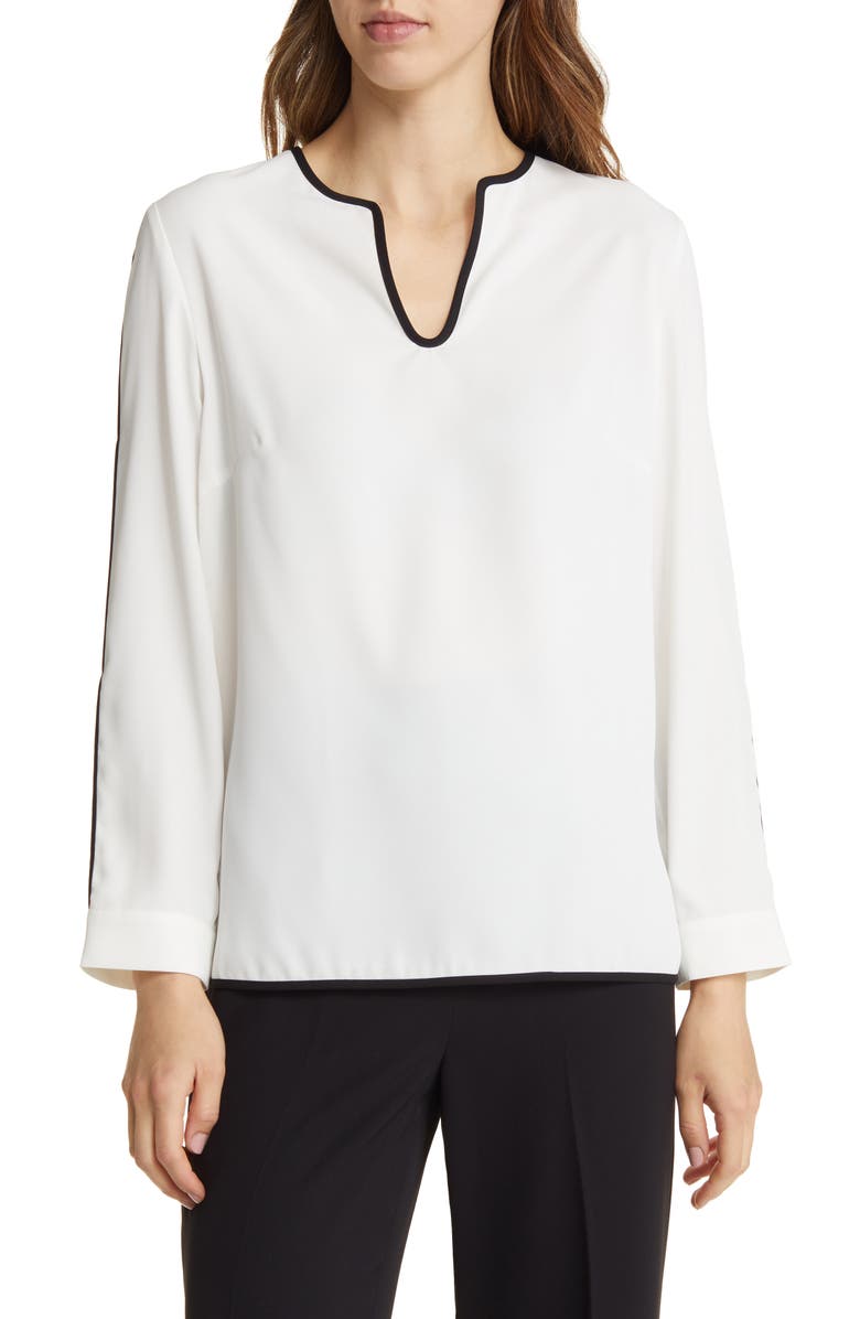Ming Wang Split Sleeve Crêpe de Chine Blouse, Main, color, White/ Black