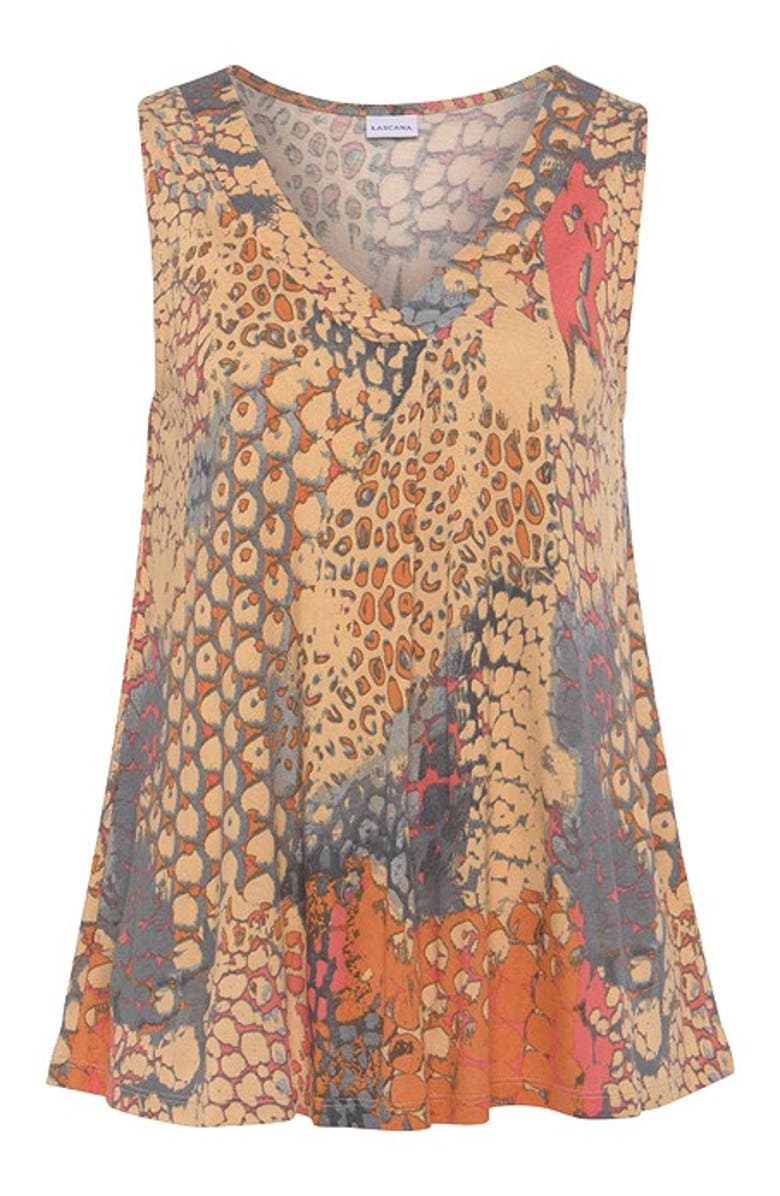 LASCANA Women's Printed V-Neck Tank Top, Alternate, color, Orange Multi