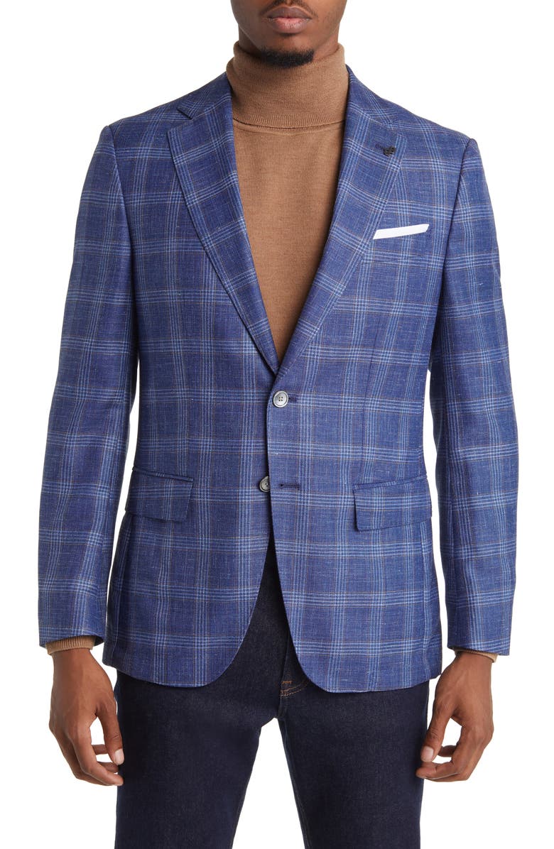 BOSS Hutson Plaid Wool & Silk Blend Sport Coat, Main, color, Bright Blue