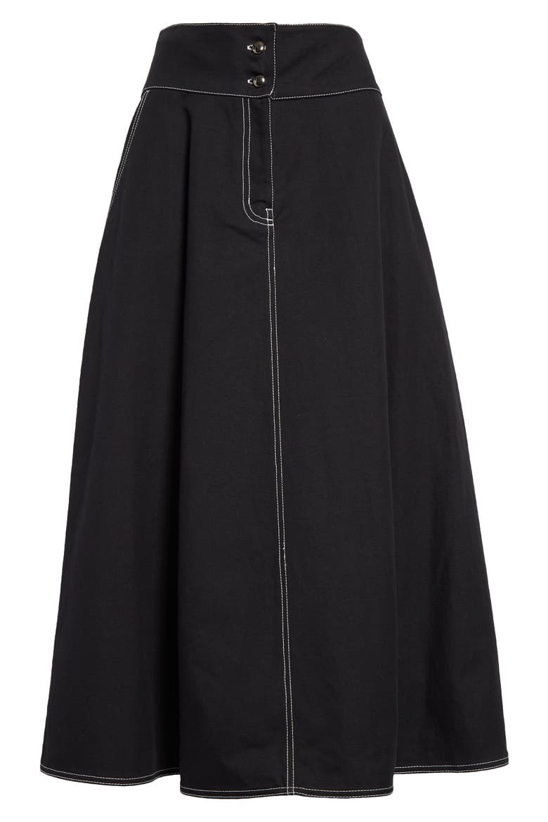 Cotton & Linen Canvas Midi Skirt, Alternate, color, BLACK