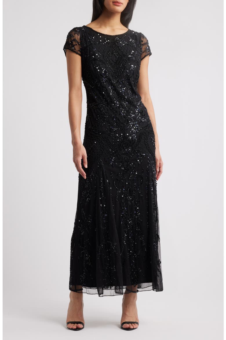 Beaded Mesh Midi Cocktail Dress, Main, color, BLACK