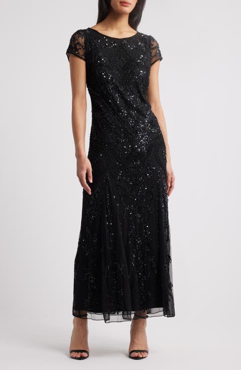 Beaded Mesh Midi Cocktail Dress