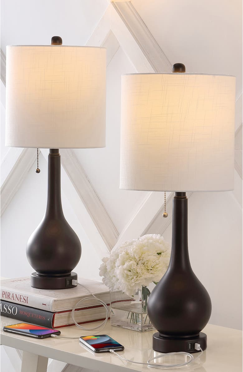 JONATHAN Y Tyler 24" Modern Classic Gourd Iron LED Table Lamp with Pull-Chain with Dual USB Charging Port, Alternate, color, Oil Rubbed Bronze