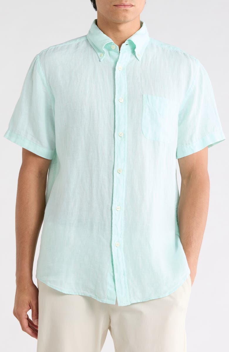 Brooks Brothers Short Sleeve Linen Shirt, Main, color, Aqua