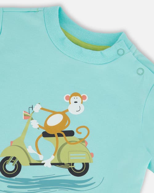 Deux Par Deux Baby Boy's Two-piece Top And Short Set Monkey On Navy And Turquoise Moped In Monkey On Navy And Turquoise