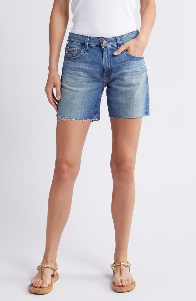AG Becke High Waist Raw Hem Denim Shorts, Main, color, 