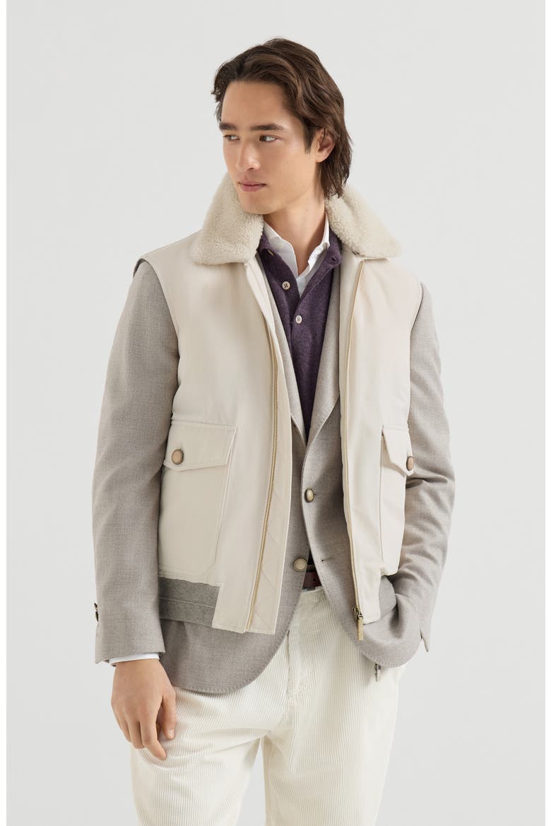 Waxed techno cotton down vest with detachable shearling collar, Main, color, Stone Grey