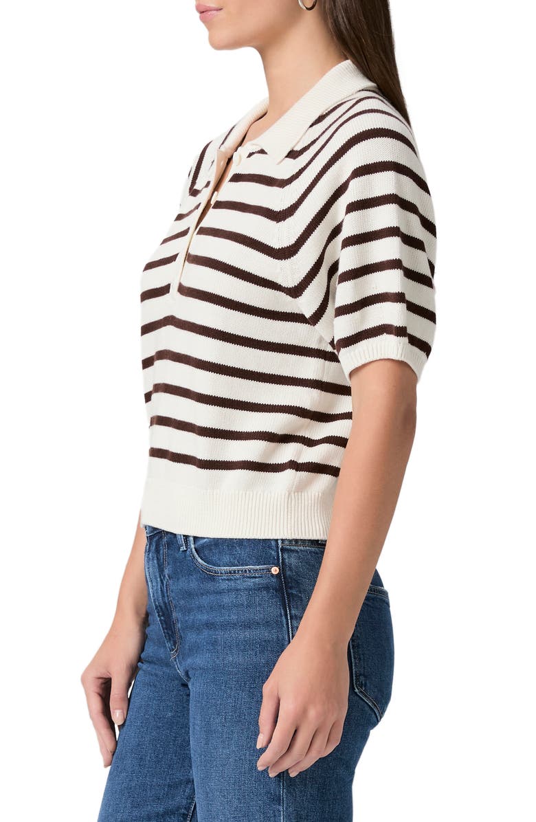 PAIGE Birch Stripe Short Puff Sleeve Polo Sweater, Alternate, color, Antique White/ Tamarind