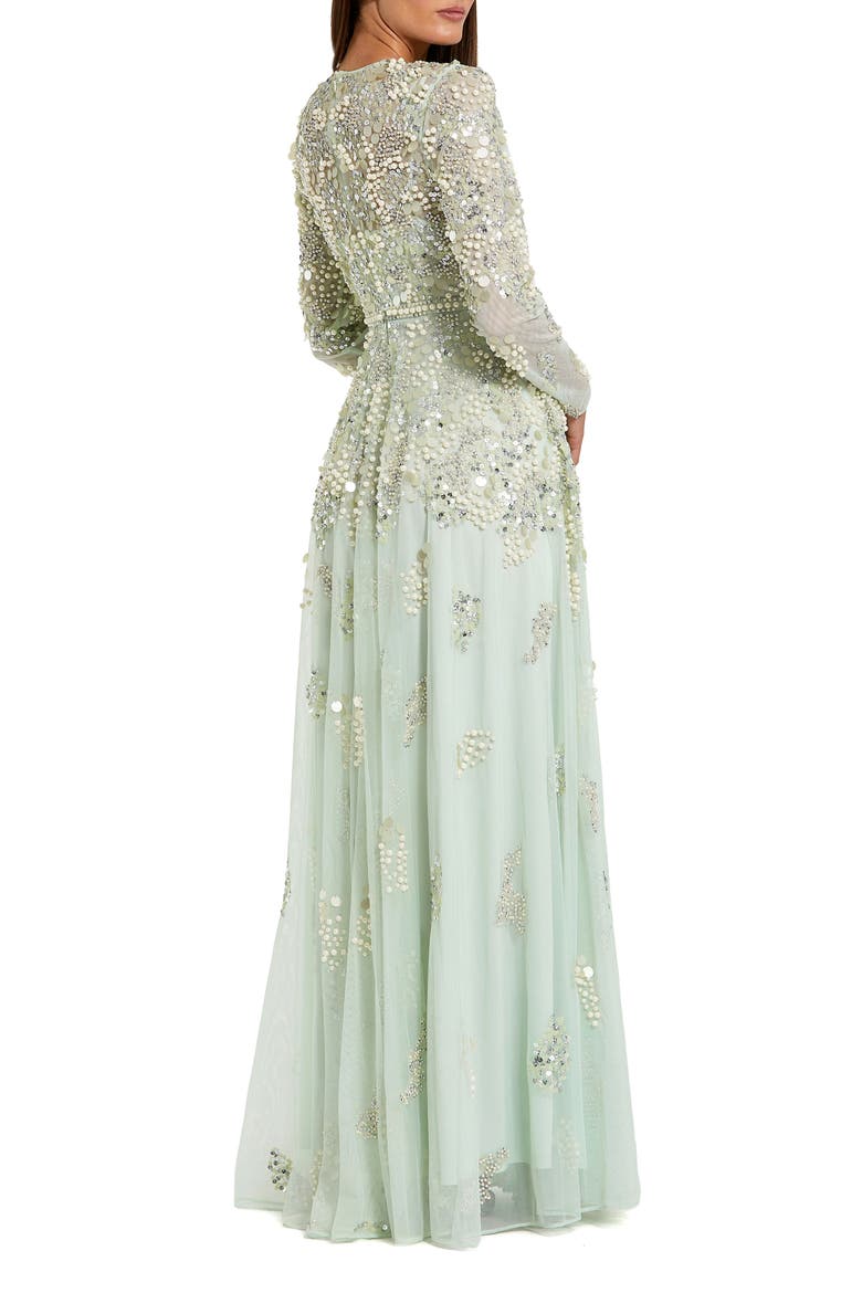 Long Sleeve Sequin and Pearl Embellished Gown, Alternate, color, Sage